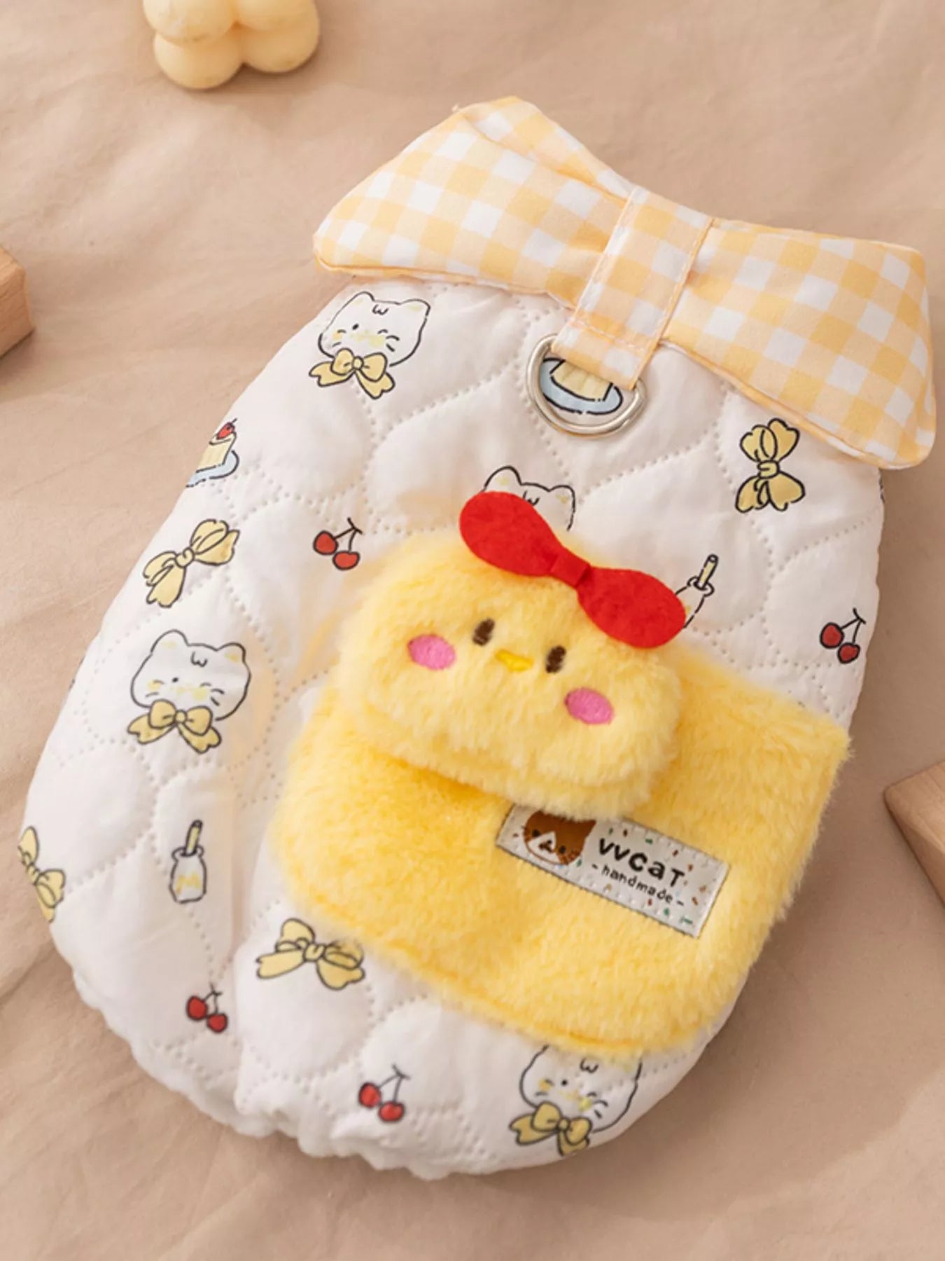Cartoon Print Padded Pet Jacket with Gingham Collar – Warm Polyester Coat for Dogs & Cats – view 4