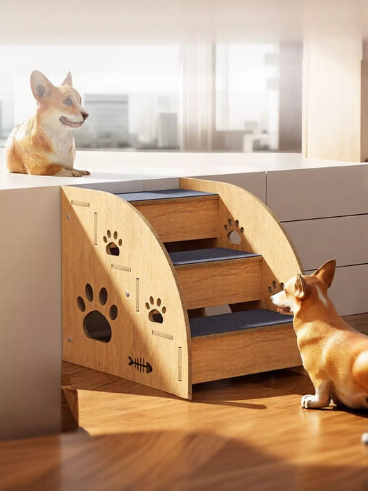 Wooden pet stairs with paw print design, three-step ramp for senior dogs