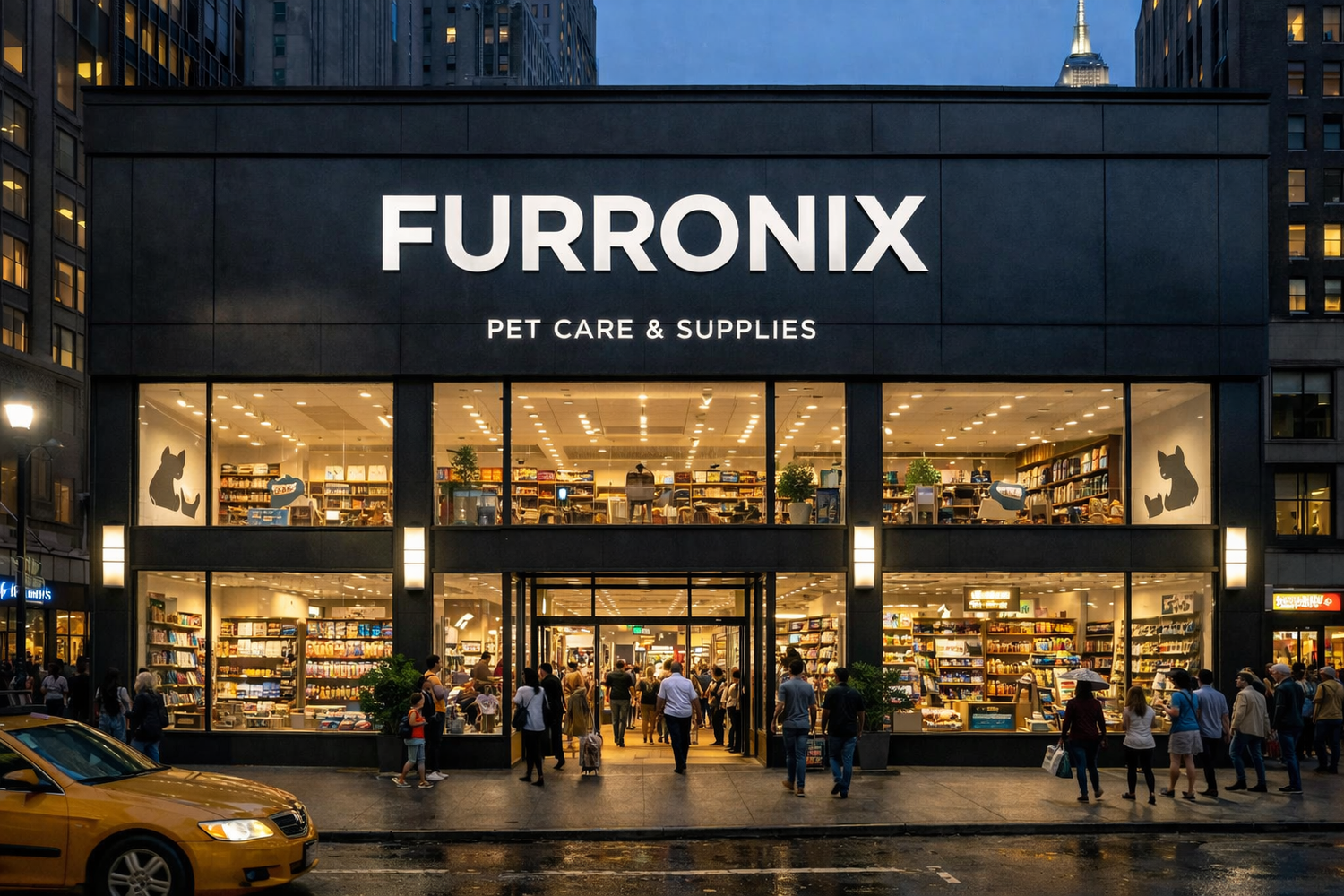 Furronix pet care store at night with people walking by