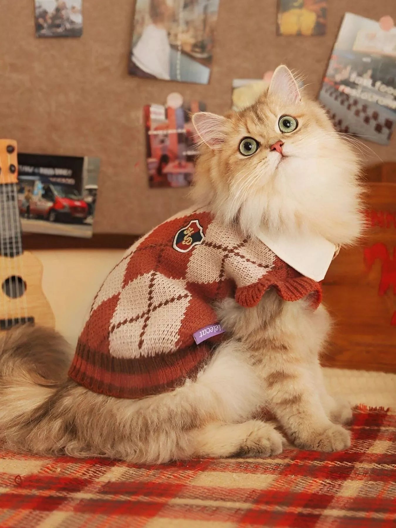 Rust argyle knit pet sweater with ruffle hem, stretchy warm sweater for dogs and cats