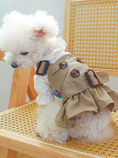 Khaki belted buckle pet trench coat, polyester coat for dogs and cats