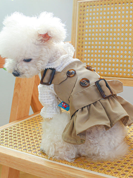 Khaki belted buckle pet trench coat, polyester coat for dogs and cats