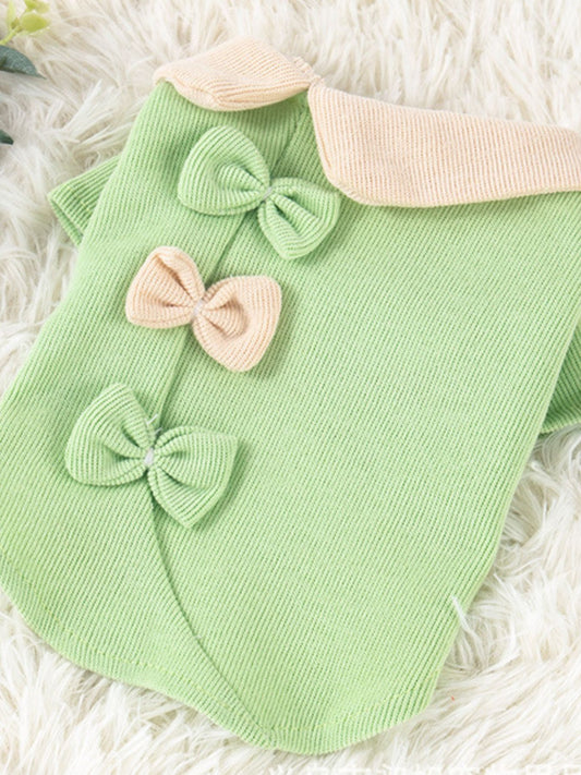 Light green bow-accent pet top, soft structured polyester shirt for dogs and cats