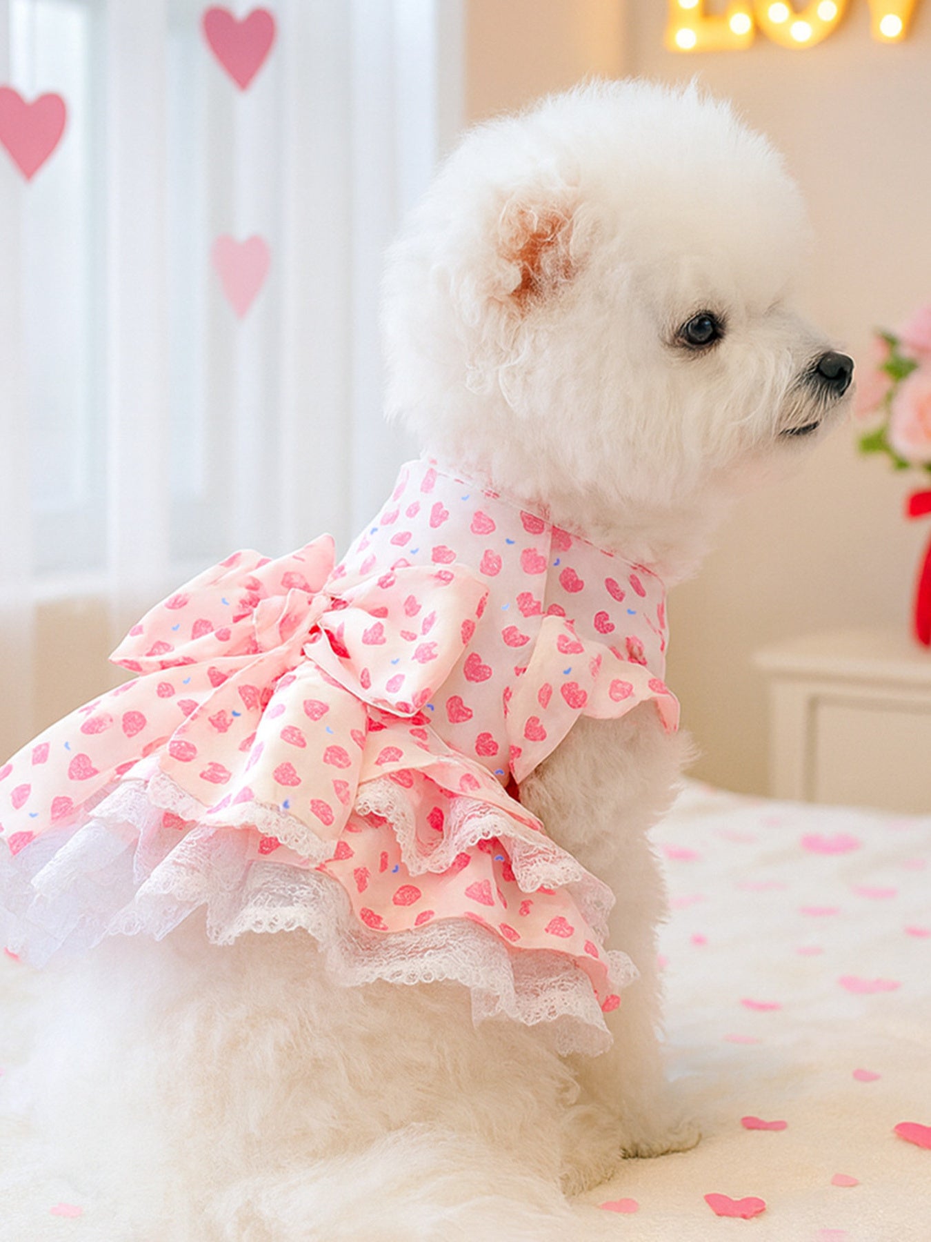 Bow Print Lace Ruffle Pet Dress – Polyester Party Dress for Dogs & Cats – view 2