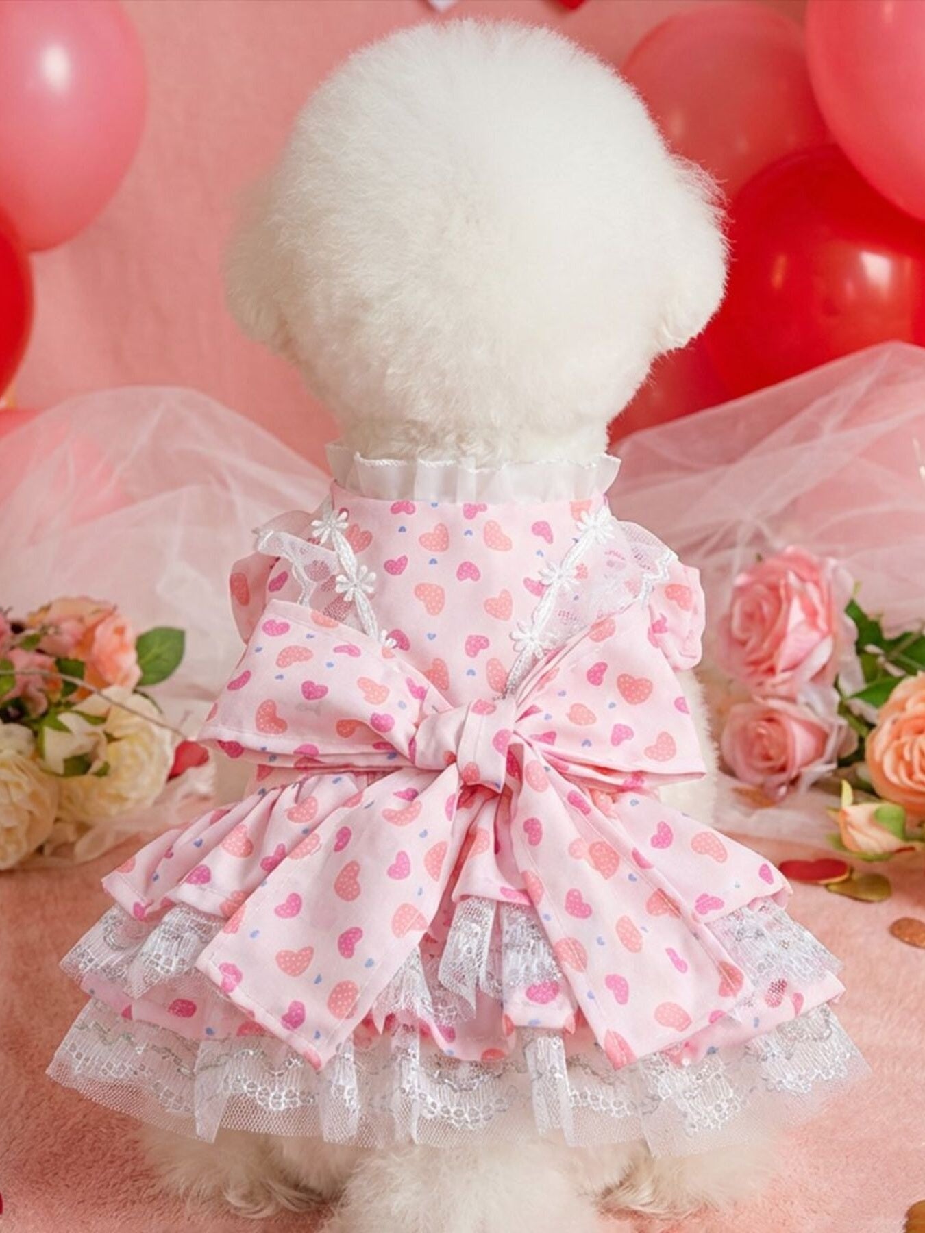Bow Print Lace Ruffle Pet Dress – Polyester Party Dress for Dogs & Cats – view 3