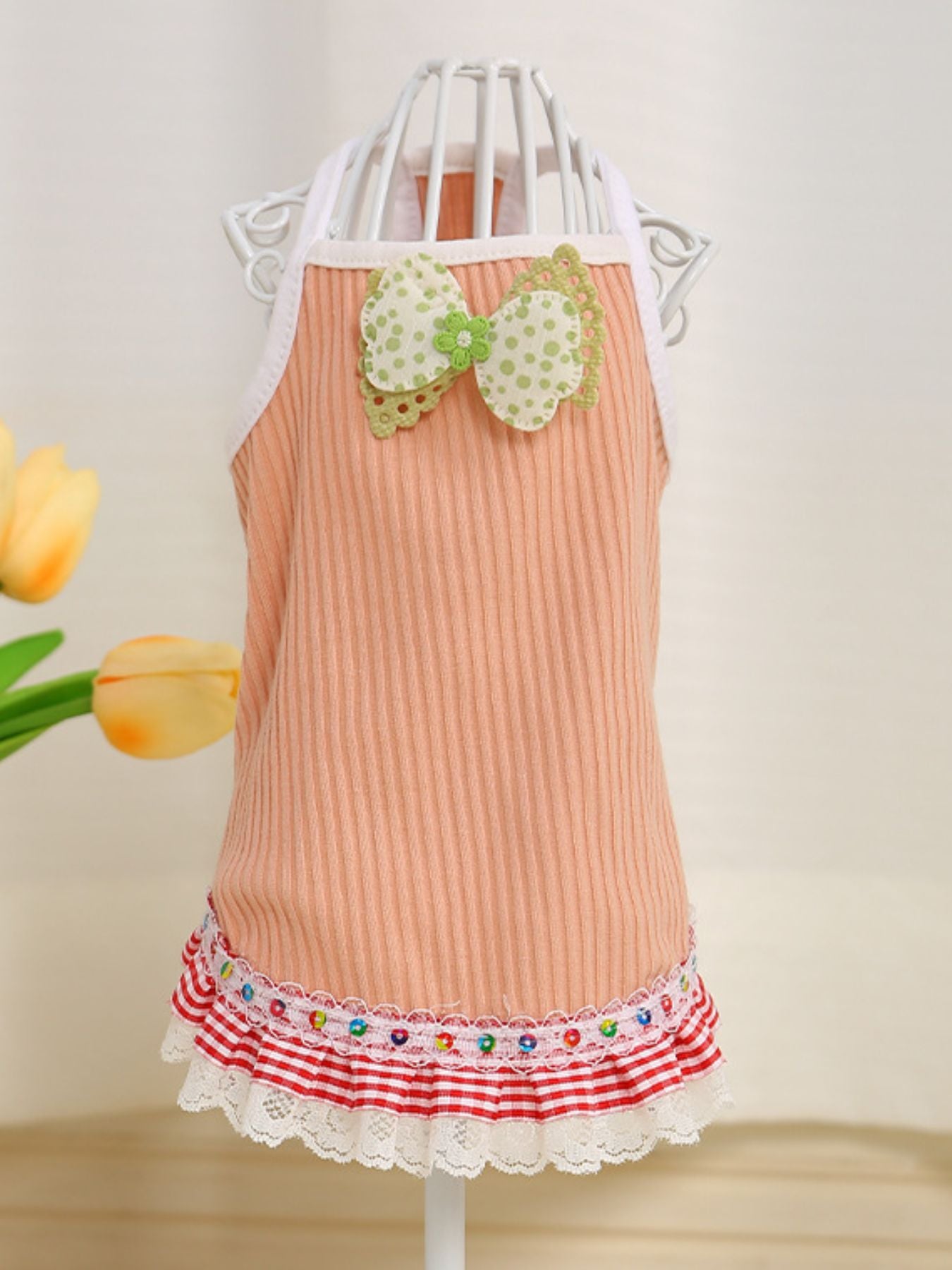 Bowknot Ruffled Hem Pet Top – Lace & Bow Stretch Shirt for Dogs & Cats – view 4