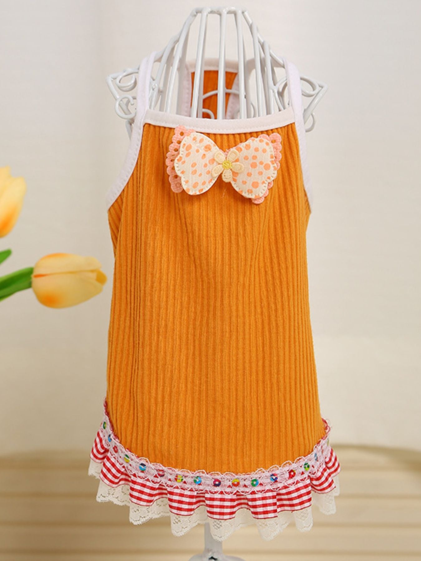 Bowknot ruffled hem pet top, lace and bow stretch shirt for dogs and cats