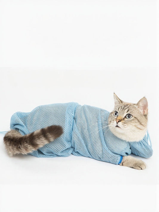 Breathable polyester pet grooming and bathing restraint bag for dogs and cats