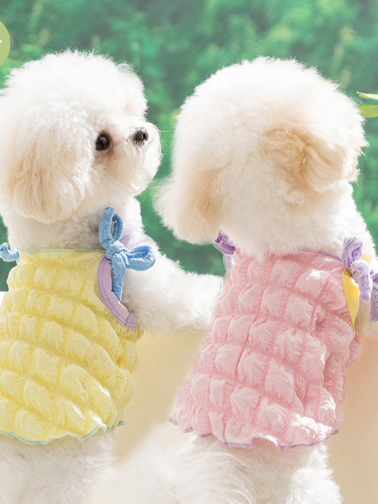 Bubble-texture pet top with tie-shoulder bow, structured polyester shirt for dogs and cats