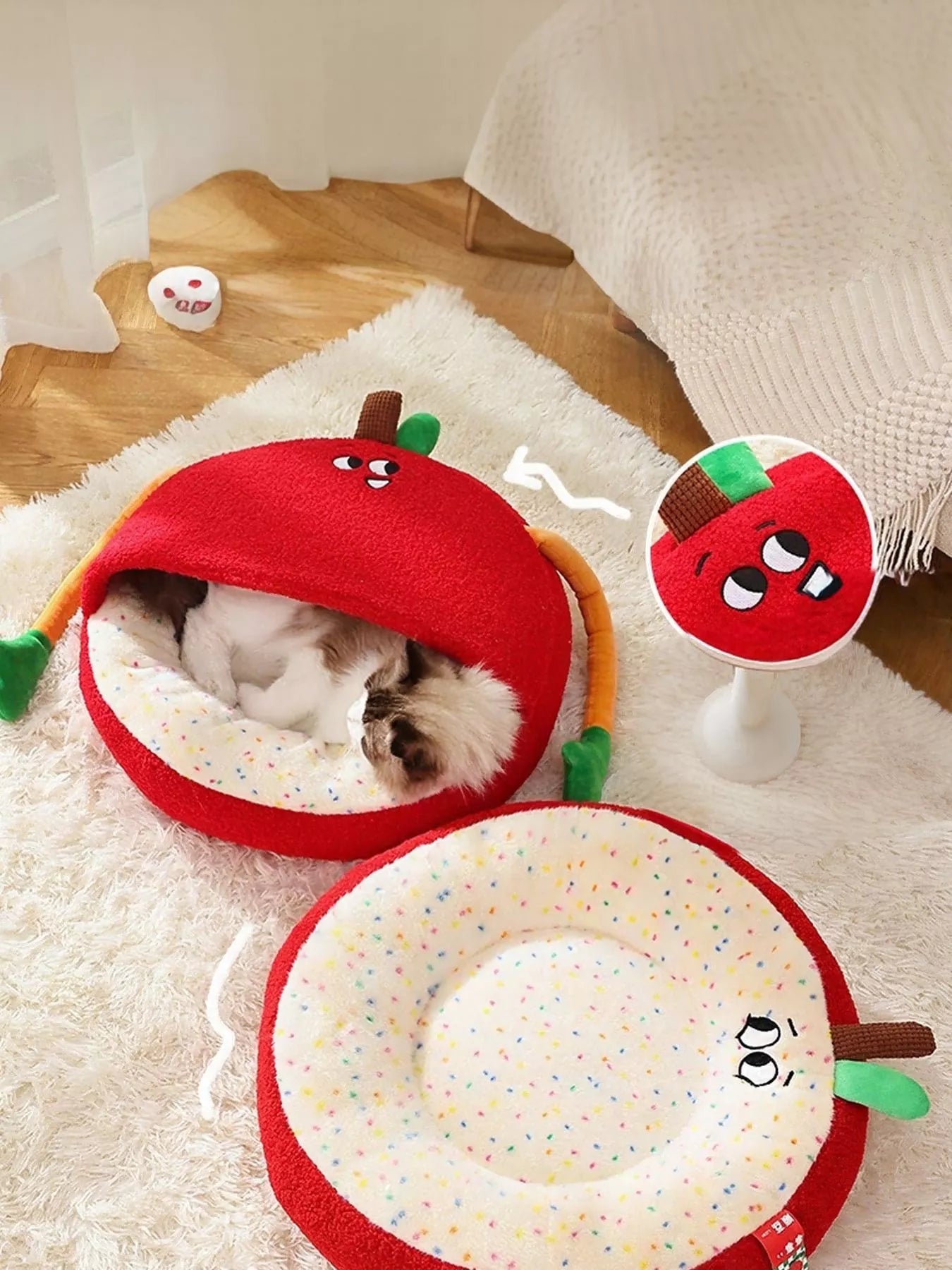 Cartoon Apple Shape Pet Nest with Plush Arms – Cozy Semi-Enclosed Bed for Cats & Dogs – view 4