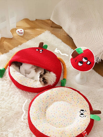 Cartoon Apple Shape Pet Nest with Plush Arms – Cozy Semi-Enclosed Bed for Cats & Dogs – view 4