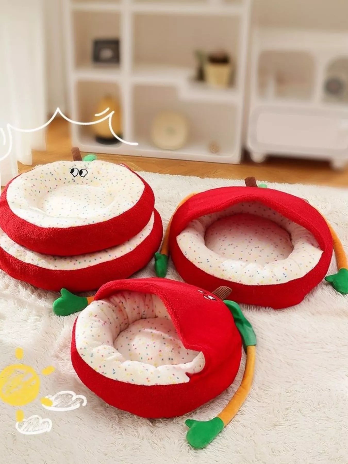 Cartoon Apple Shape Pet Nest with Plush Arms – Cozy Semi-Enclosed Bed for Cats & Dogs – view 5