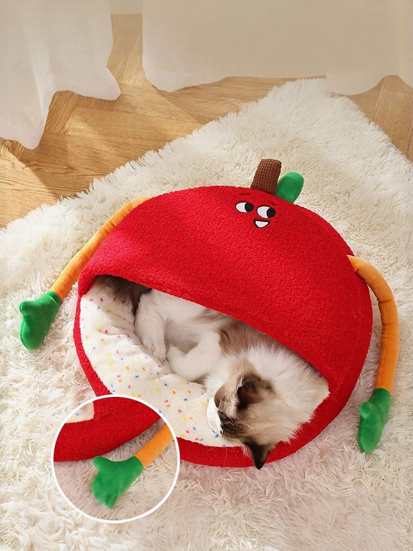 Cartoon apple-shaped pet nest with plush arms, cozy semi-enclosed bed for cats and dogs