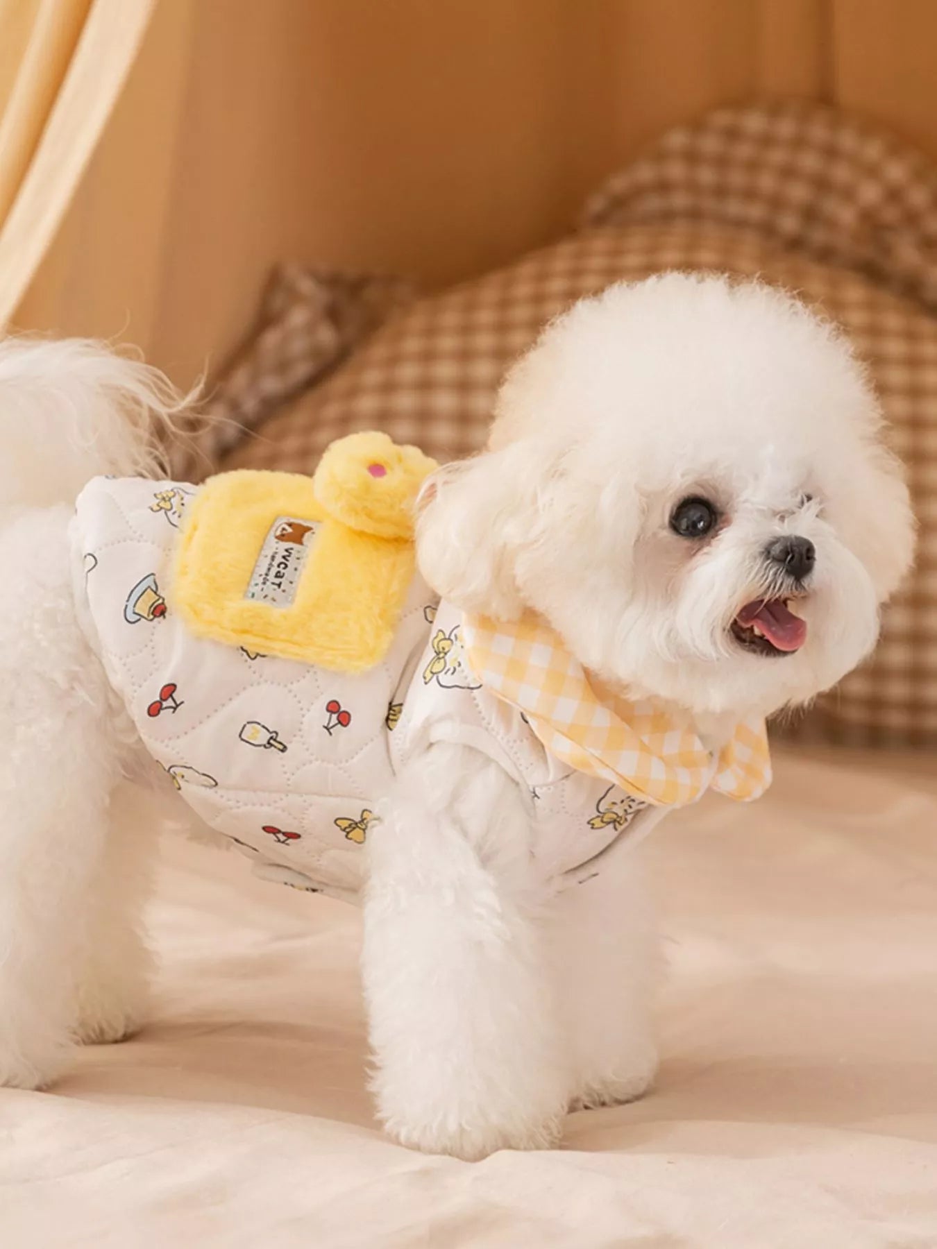 Cartoon Print Padded Pet Jacket with Gingham Collar – Warm Polyester Coat for Dogs & Cats – view 3