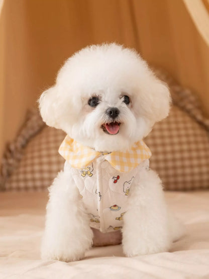 Yellow cartoon print padded pet jacket with gingham collar, warm polyester coat for dogs and cats