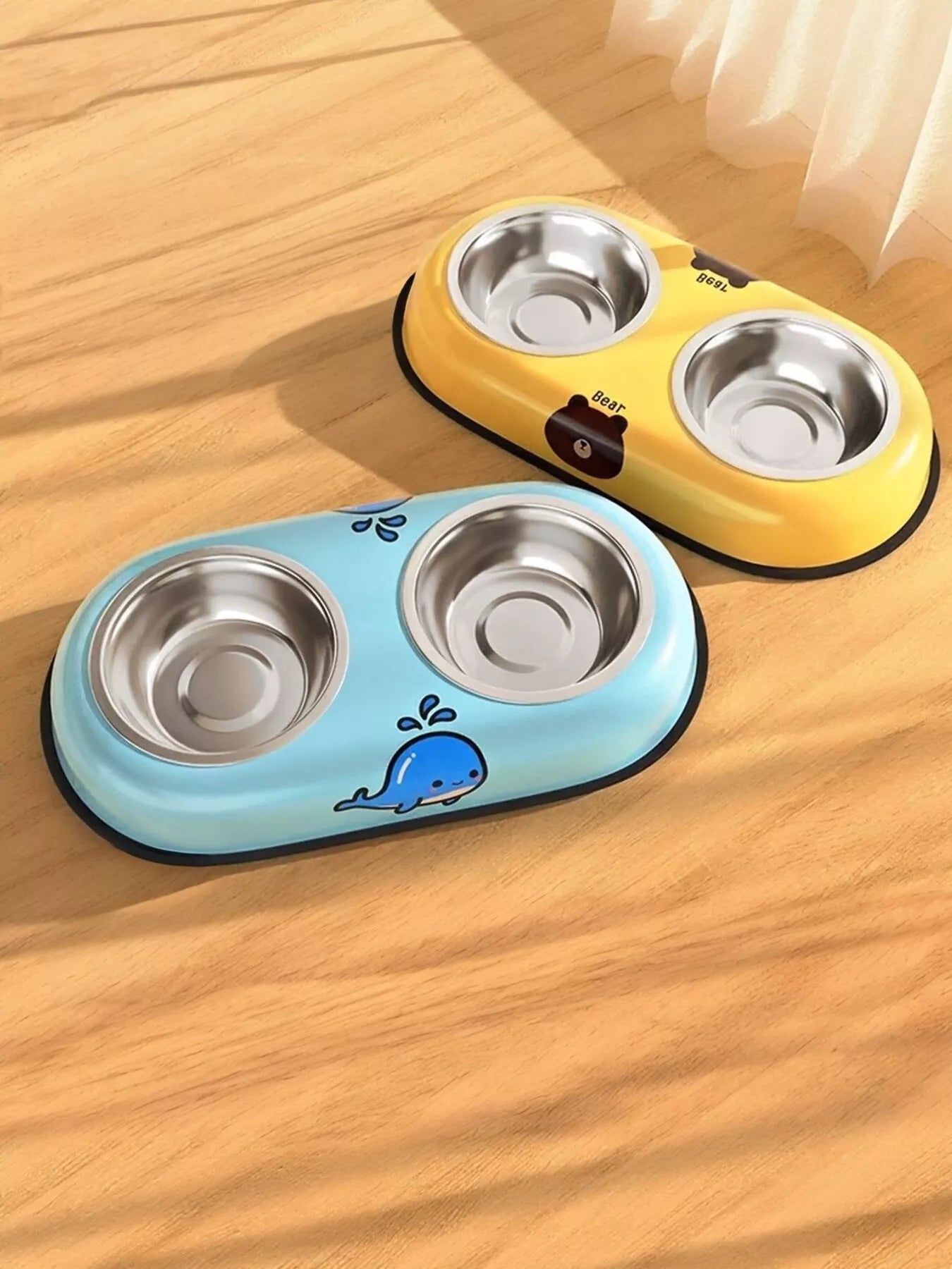Cartoon stainless steel double pet food and water bowl set for dogs and cats