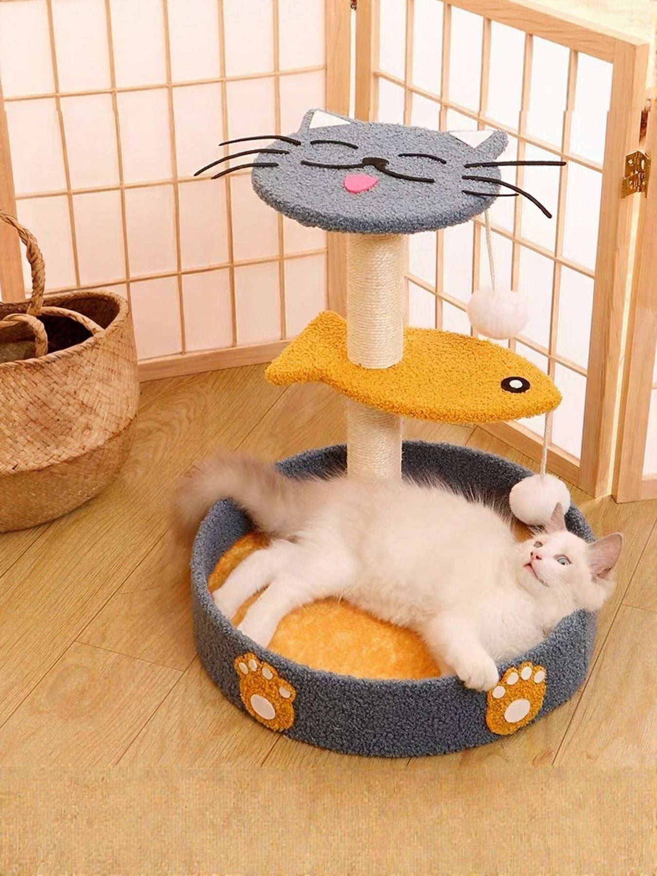 Three-in-one cat scratching post with bed and hanging toy for cats