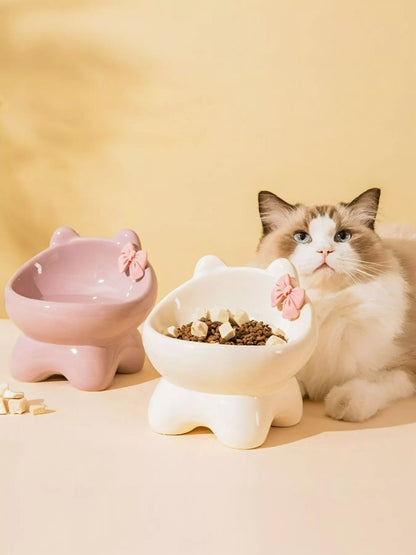 Ceramic pet bowl with bowknot decoration for dogs and cats