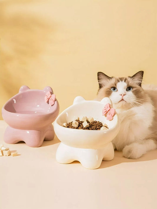 Ceramic pet bowl with bowknot decoration for dogs and cats
