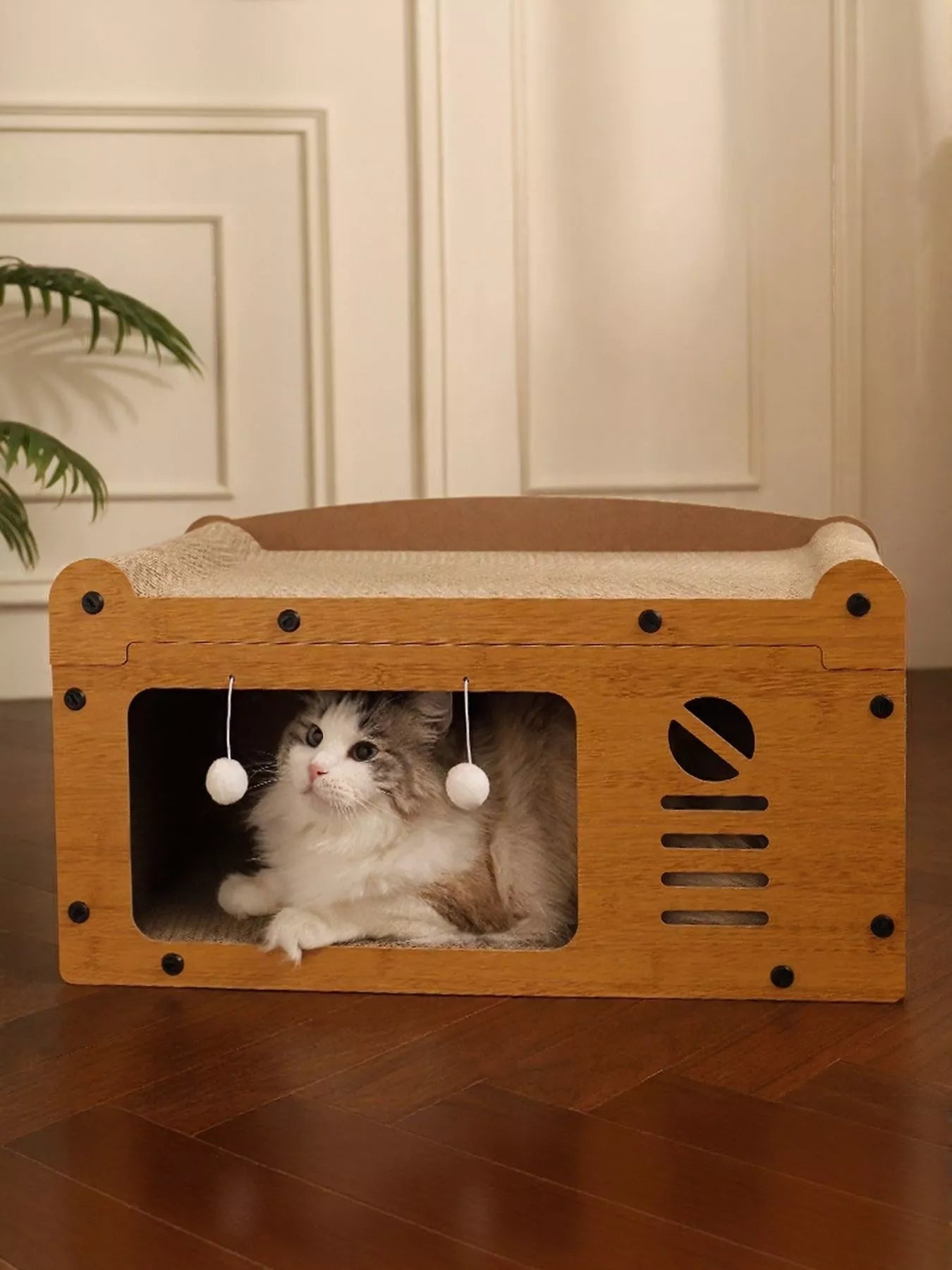 Corrugated Paper Wooden-Style Cat House with Scratching Pad – view 2