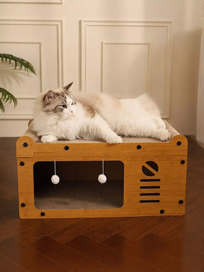 Corrugated paper wooden-style cat house with scratching pad for cats