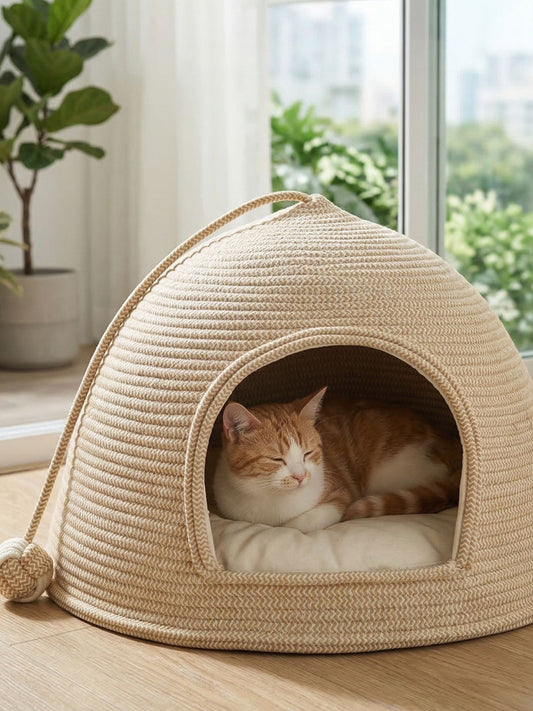 Cotton rope dome pet nest, semi-enclosed scratch-resistant bed for dogs and cats
