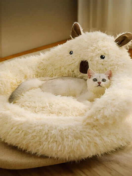 Cozy bear-shaped semi-enclosed plush pet nest bed for cats and small dogs