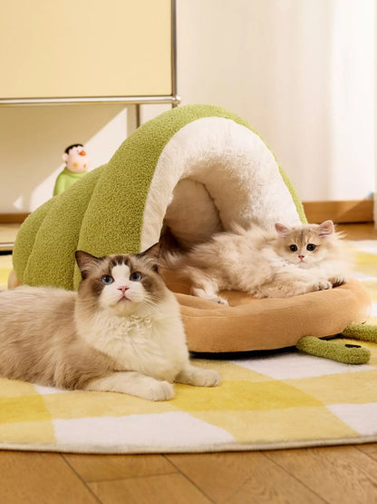 Cozy caterpillar-shaped enclosed plush pet nest bed for cats and small dogs