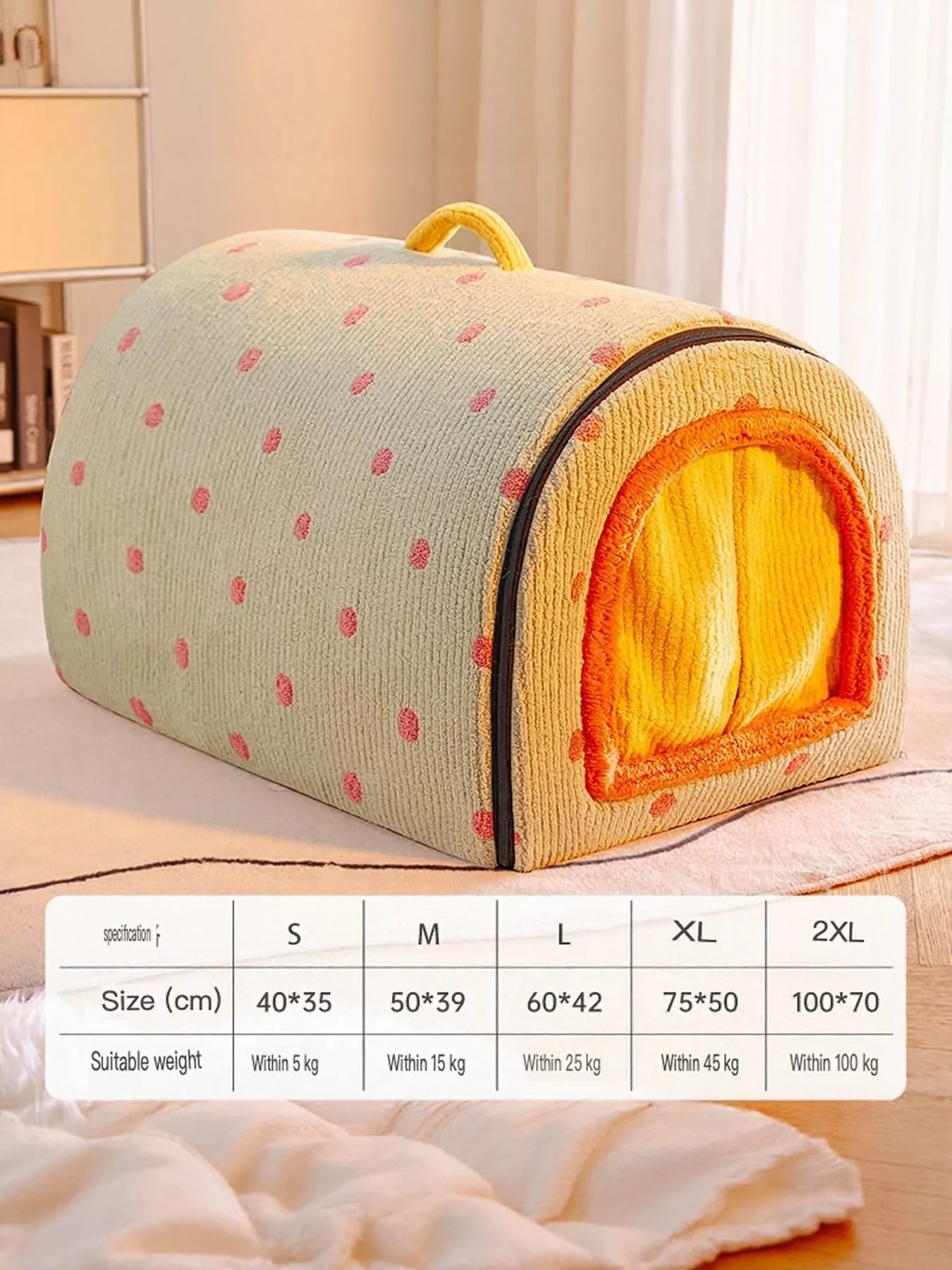 Cozy polka dot pet bed cave with carry handle for dogs and cats