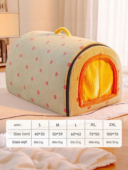Cozy polka dot pet bed cave with carry handle for dogs and cats