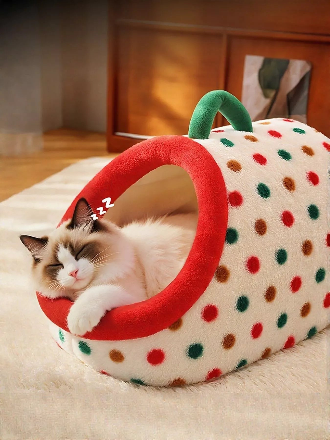 Cozy polka dot pet nest bed with carry handle for dogs and cats