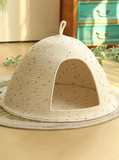 Cozy rope woven semi-enclosed cat cave bed with handle for cats and dogs