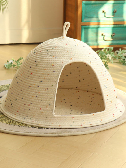 Cozy rope woven semi-enclosed cat cave bed with handle for cats and dogs