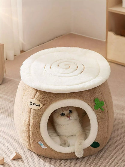 Cozy Tree Stump Polyester Pet Nest – Semi-Enclosed Novelty Bed for Cats & Dogs, S–L – view 2