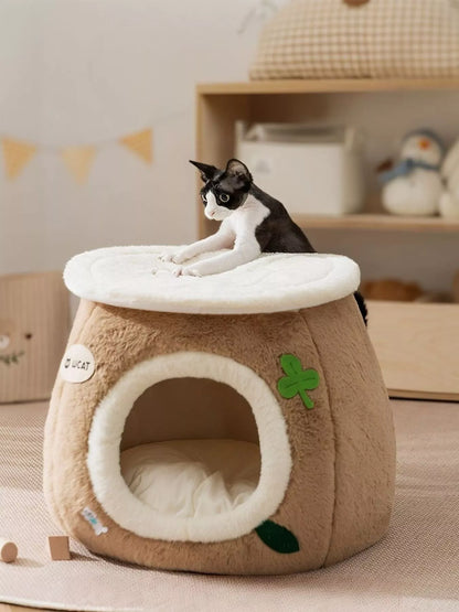 Cozy Tree Stump Polyester Pet Nest – Semi-Enclosed Novelty Bed for Cats & Dogs, S–L – view 3