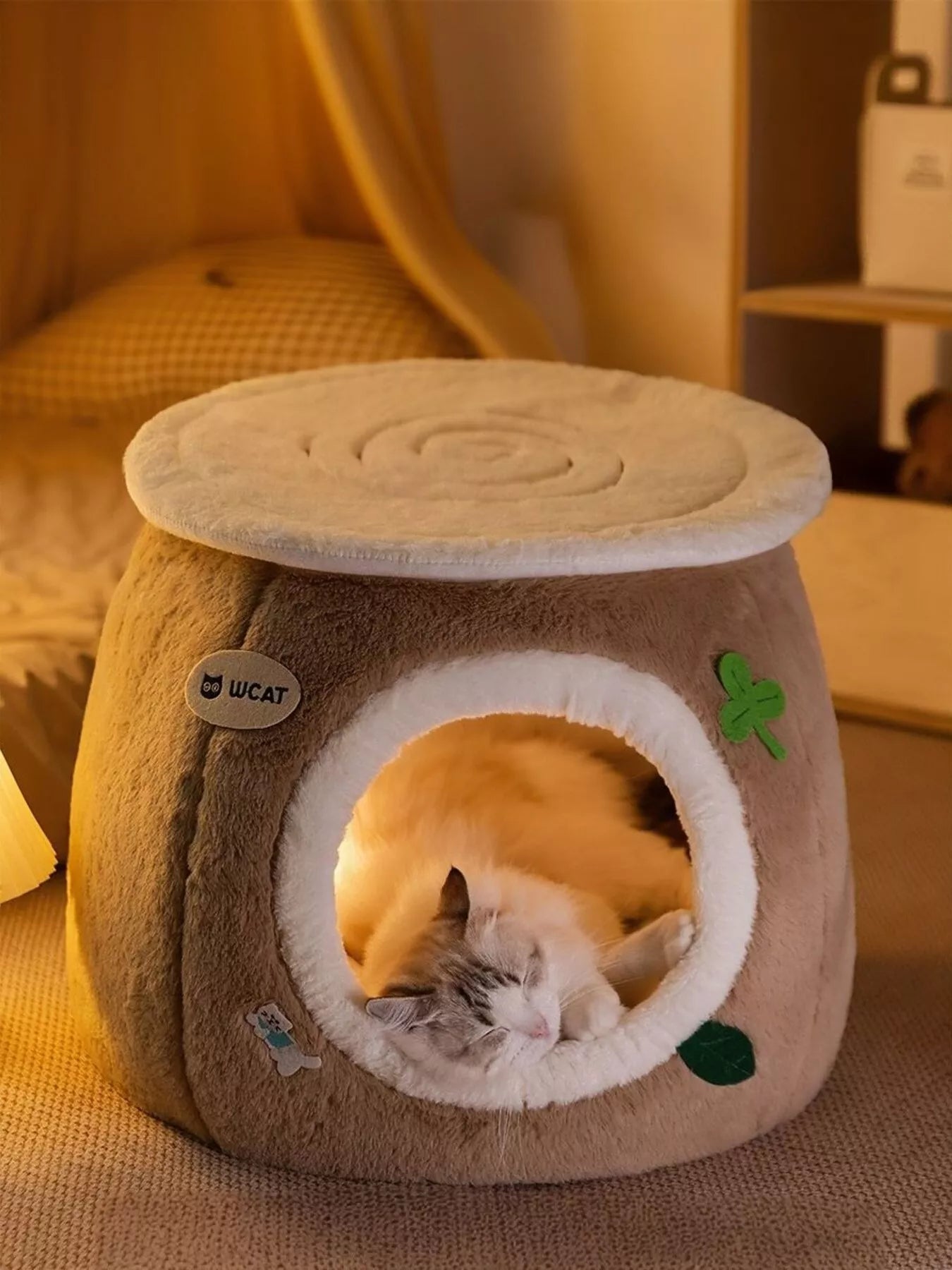 Cozy Tree Stump Polyester Pet Nest – Semi-Enclosed Novelty Bed for Cats & Dogs, S–L – view 6