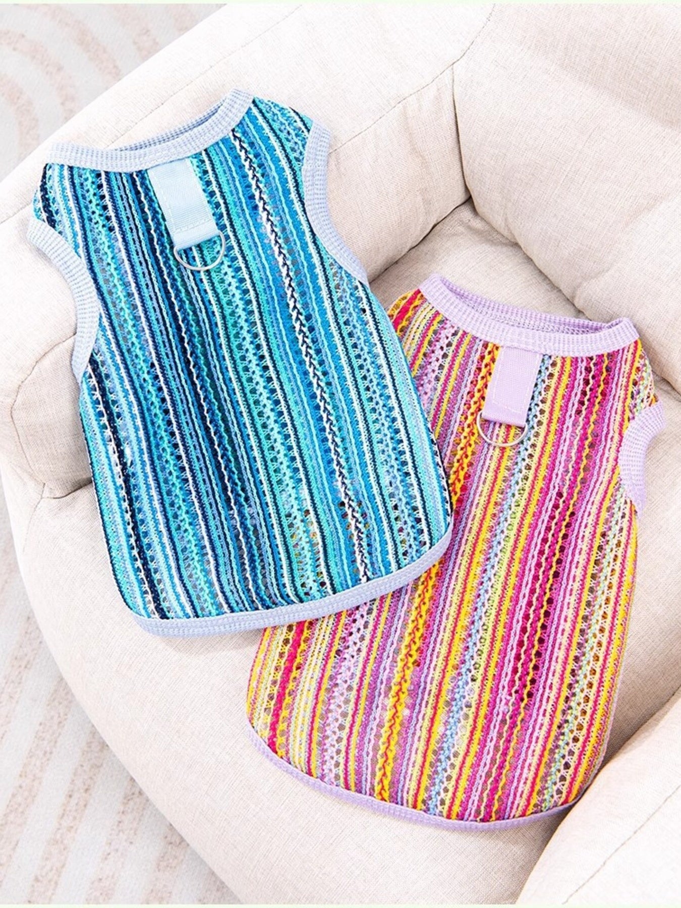 Crochet knit breathable pet top, open-weave summer shirt for dogs and cats