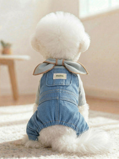 Dusty blue denim bow-knot pet jumpsuit, pocketed jean romper for dogs and cats