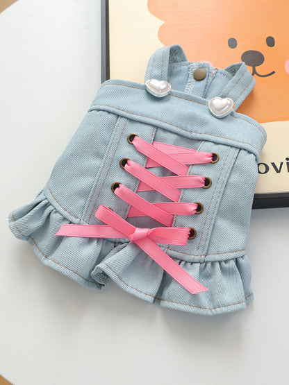 Denim Lace-Up Ruffle Pet Dress – Bow-Accent Dog & Cat Fashion Dress – view 5