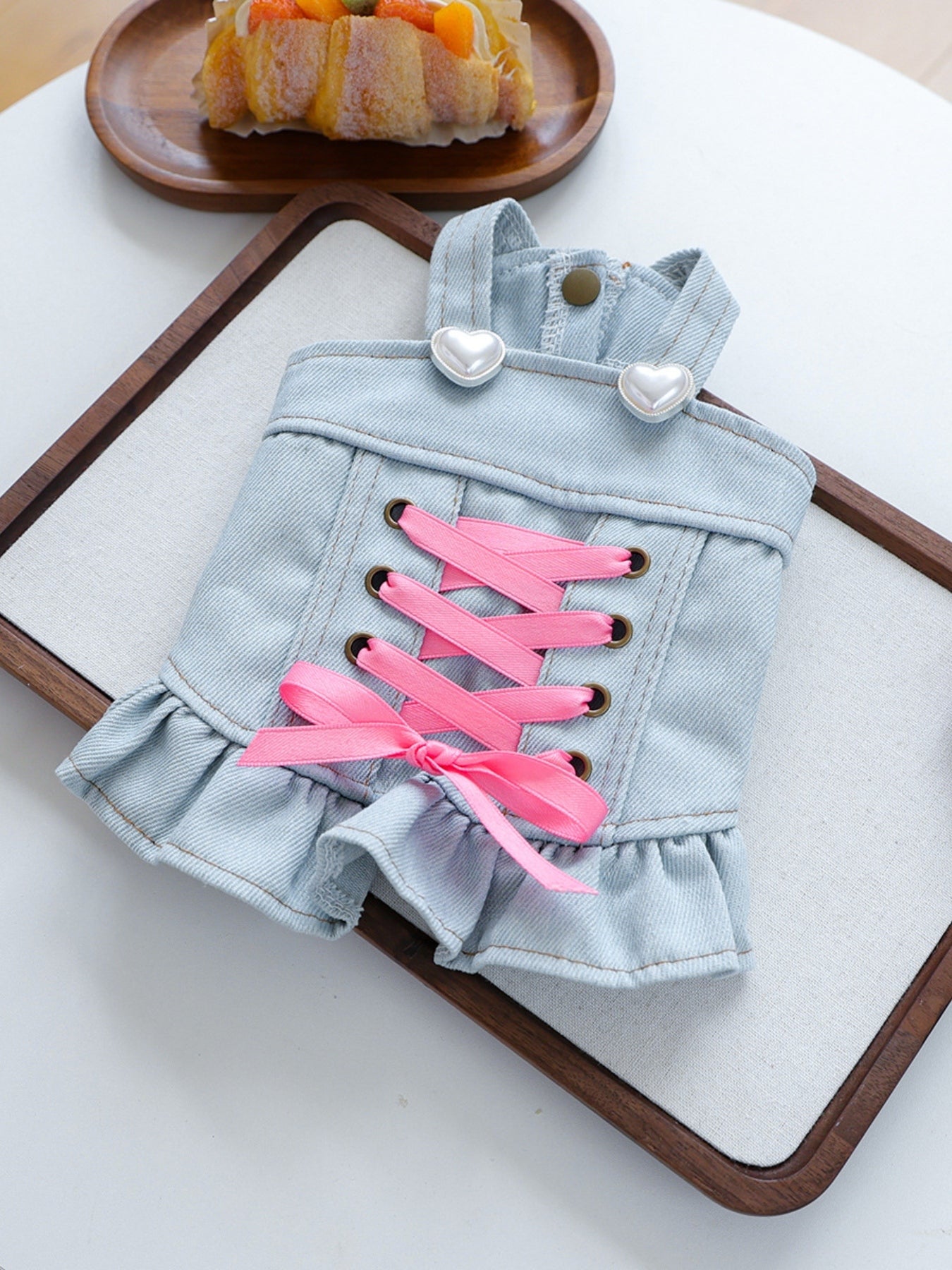 Denim Lace-Up Ruffle Pet Dress – Bow-Accent Dog & Cat Fashion Dress – view 7