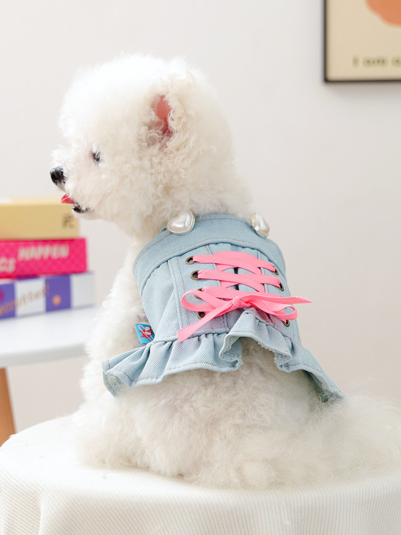 Denim lace-up ruffle pet dress with bow, fashion party dress for dogs and cats