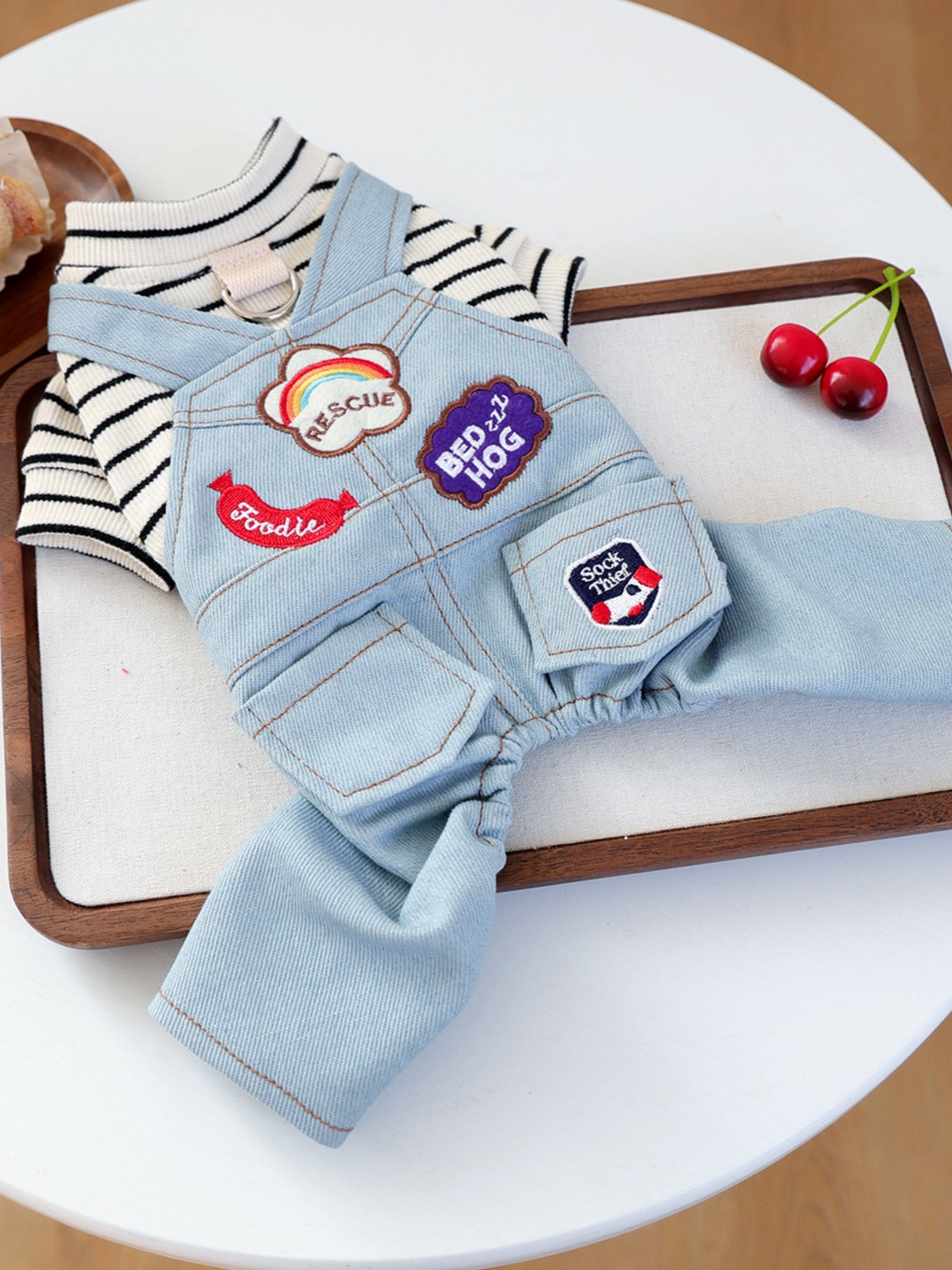 Denim Patchwork Pet Jumpsuit – Embroidered Pocketed Dog & Cat Romper – view 2