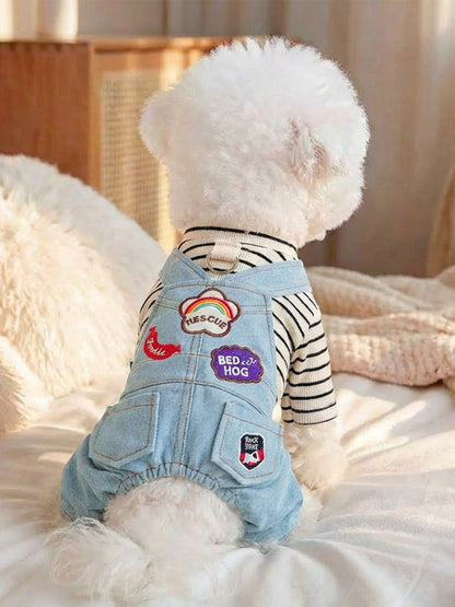 Light blue denim patchwork pet jumpsuit, embroidered pocketed romper for dogs and cats