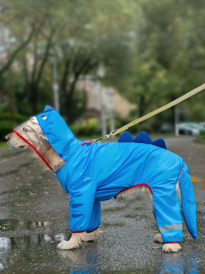 Dinosaur-style waterproof dog raincoat with hood, large dog rain jacket in sizes 3XL to 8XL