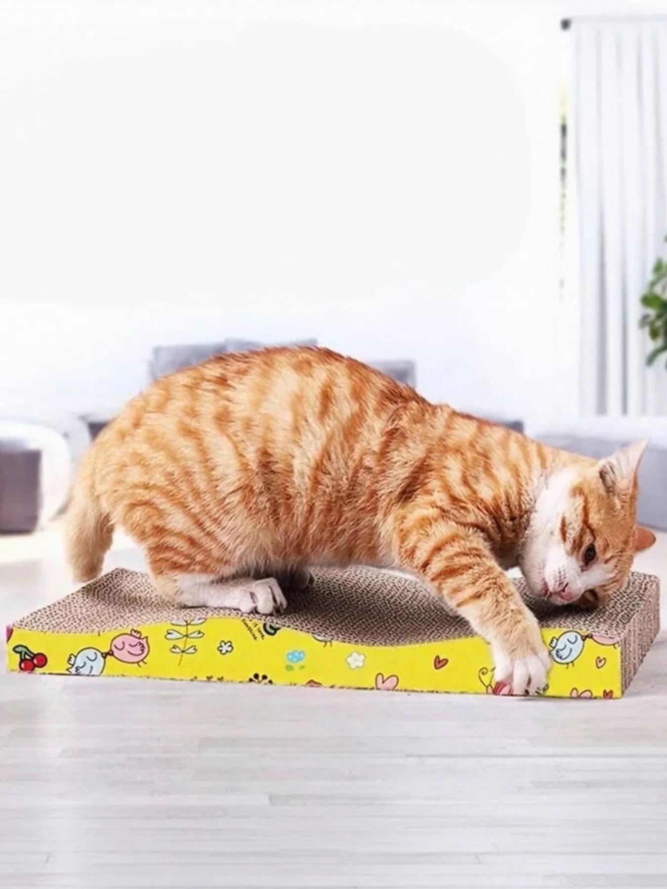 Durable corrugated cardboard flat cat scratcher with cartoon pattern for cats