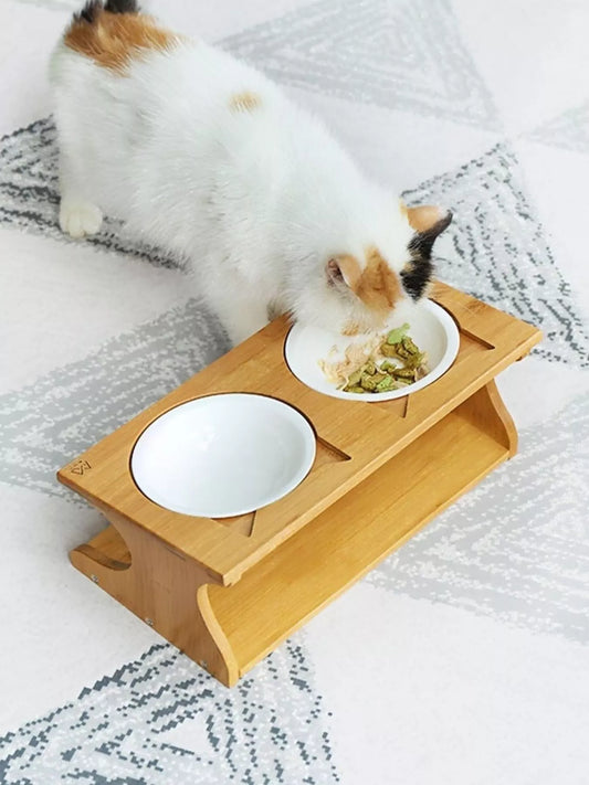Elevated double ceramic pet bowls with bamboo stand, three-piece raised feeding set