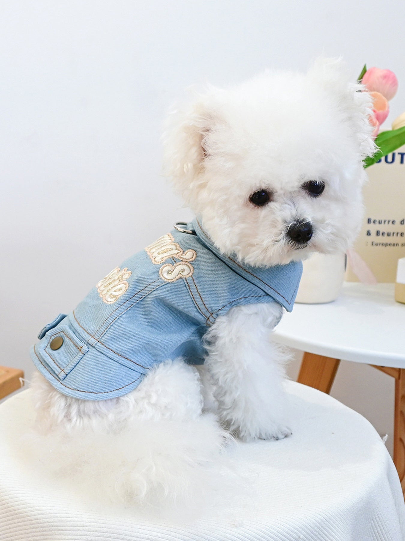 Embroidered Denim Pet Jacket – Button-Up Dog & Cat Jean Jacket with Bow – view 2