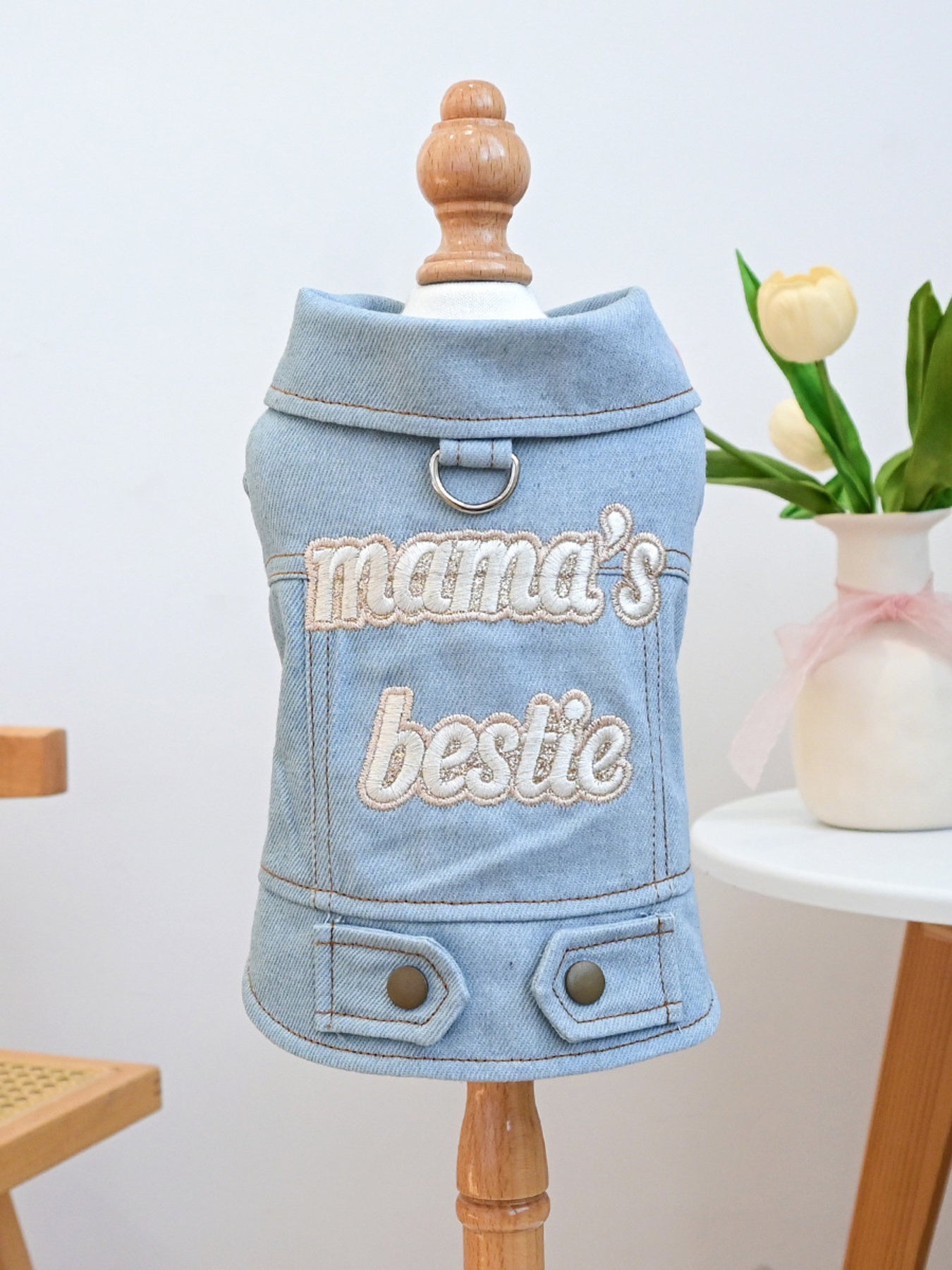 Embroidered Denim Pet Jacket – Button-Up Dog & Cat Jean Jacket with Bow – view 4