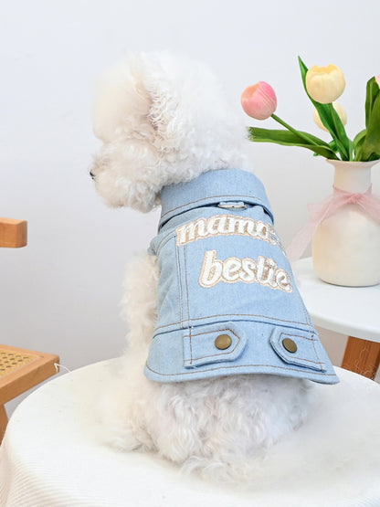 Embroidered denim pet jacket with bow, button-up jean jacket for dogs and cats