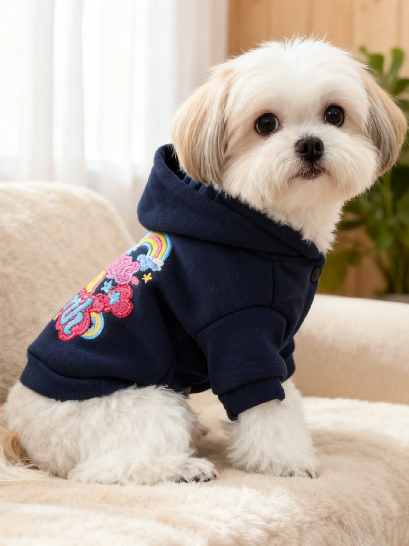 Navy embroidered polyester pet hoodie, cozy hooded sweatshirt for dogs and cats